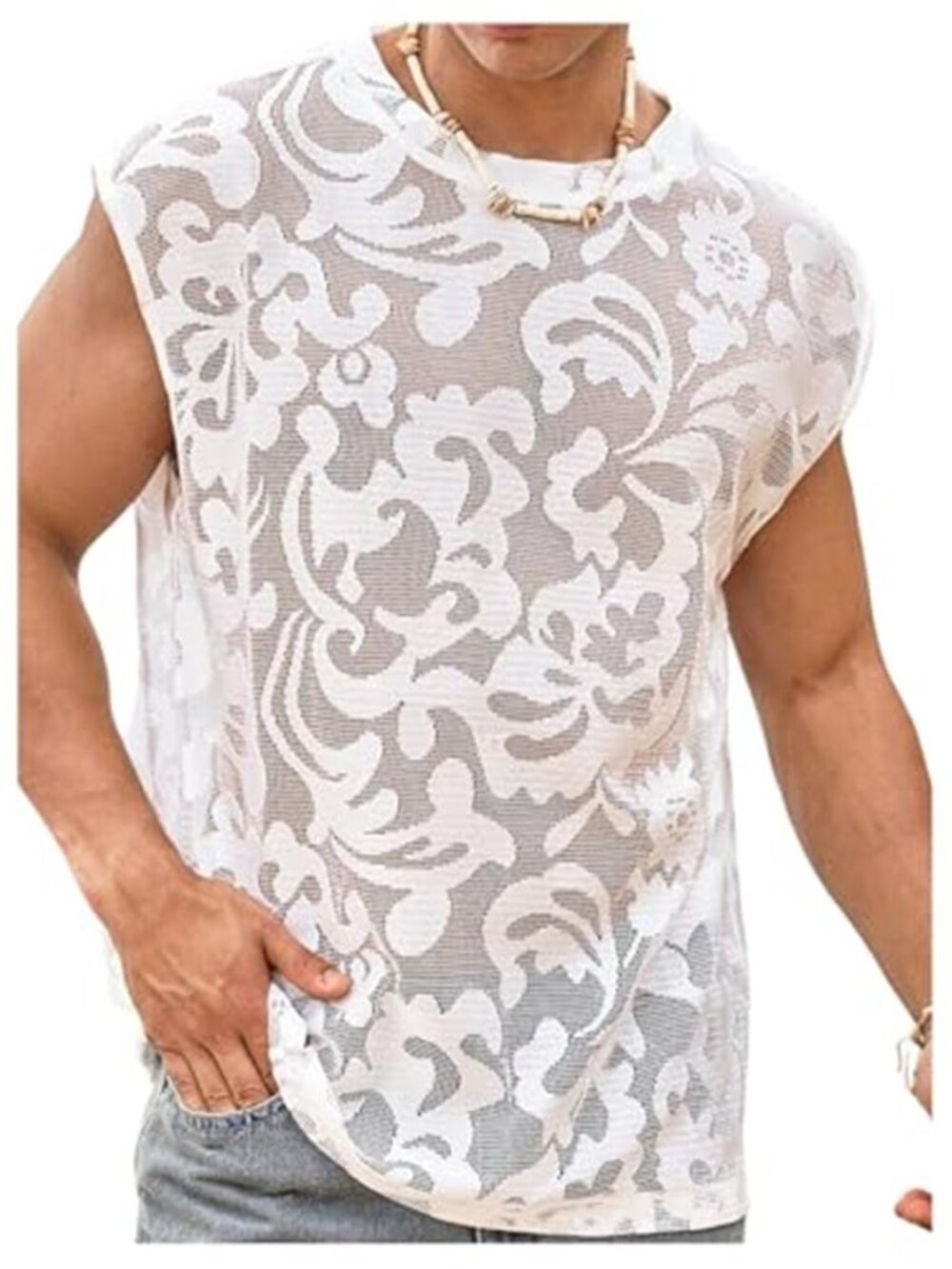 Men's Lace Shirt See Through Sheer Mesh Tank Top | Crew Neck, Muscle